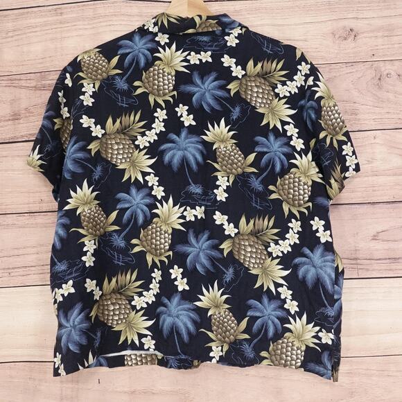 Hilo Hattie Aloha Shirt Womens Large Navy Pineapple Print Rayon Made in Hawaii - Picture 4 of 8